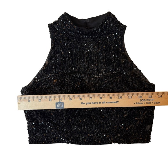 90s Evening Vintage Beaded Halter Crop Top XS 2 Black Sheer Backless Fairy Party - Picture 8 of 9